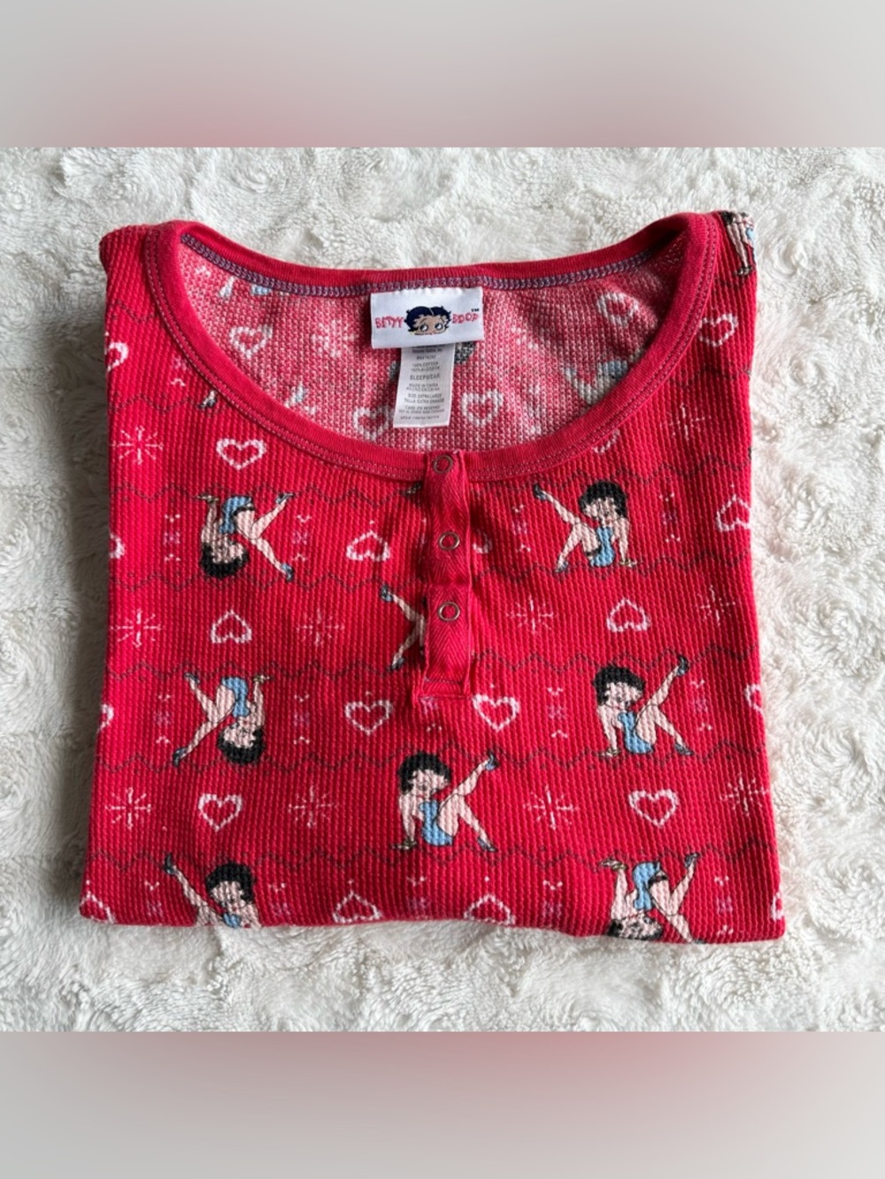 Betty Boop Pajama Top Shirt Womens XL Red PJS Cotton Henley Y2K Sleepwear 2000s